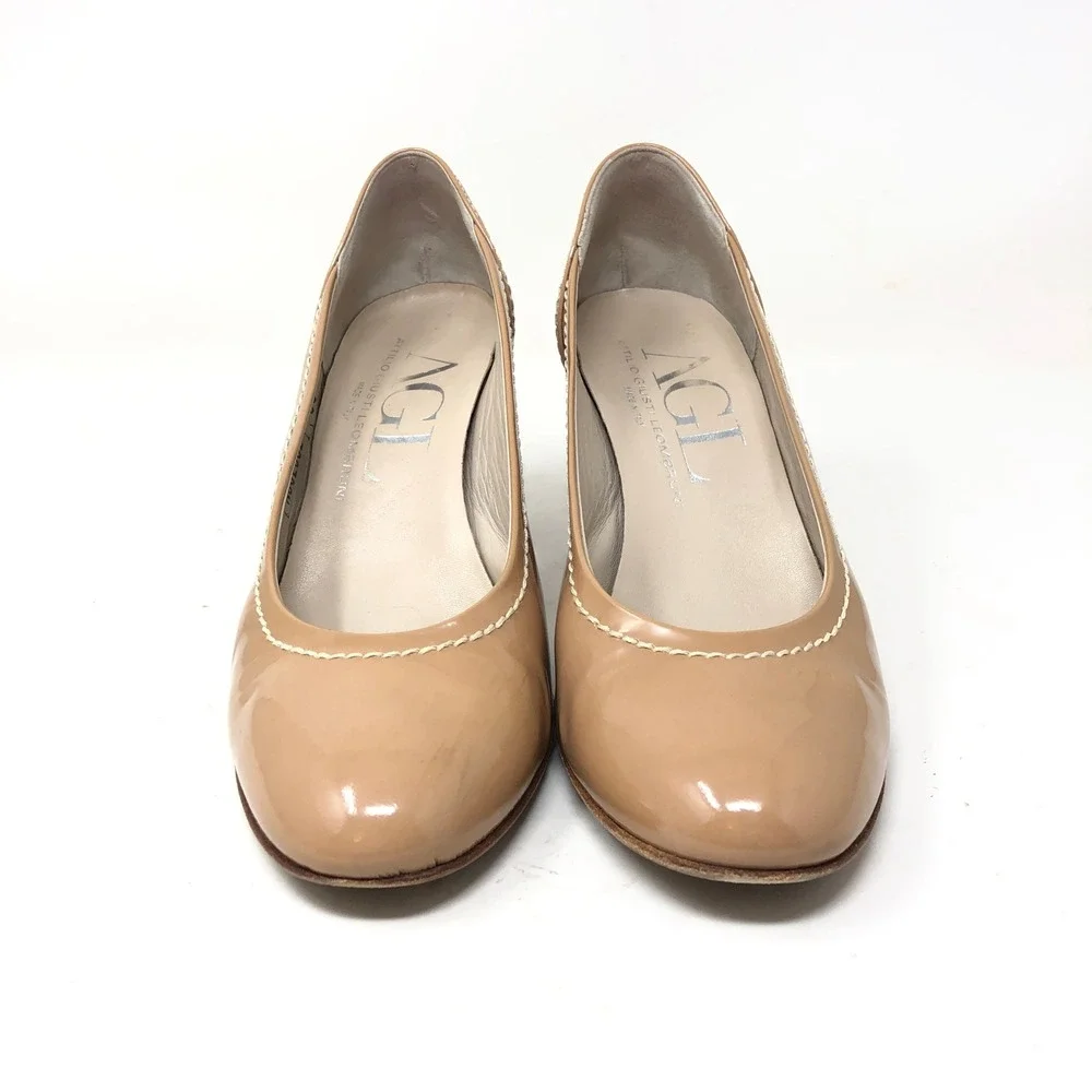 AGL Tan Patent Leather Pumps Round Toe Stitch Heels Womens 38.5